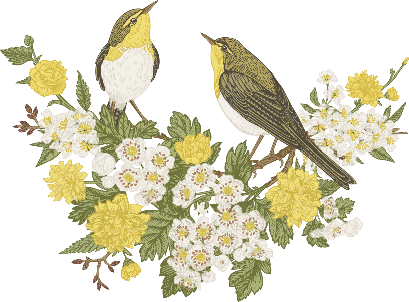 Decorative image of two birds perched on a floral arrangement